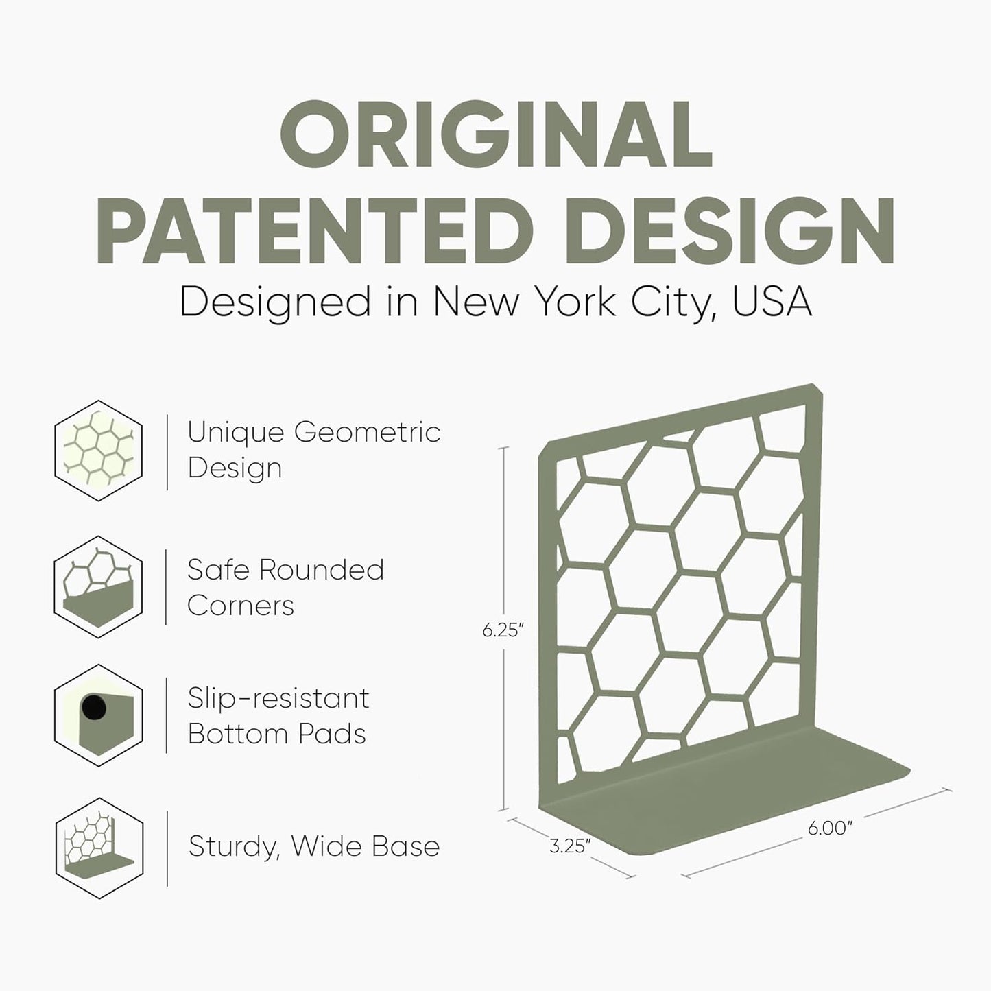 GEOMOD Geometric Honeycomb Sage Metal Bookends Decorative - Tall Sturdy Book Ends for Shelves - Modern Heavy Duty Bookend Stopper - Office or Home Book Shelf Holder - 6x3.25x6.25 Inches-2 Pair