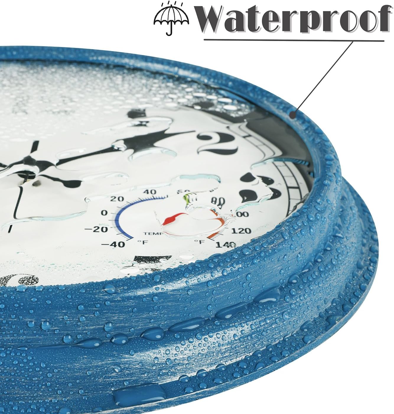 JENLYSTIME 16 Inch Blue Vintage Waterproof Indoor/Outdoor Wall Clock with Thermometer & Hygrometer, Large Numerals & Silent Sweep Movement - Ideal for Porch, Garden, Pool, Bathroom