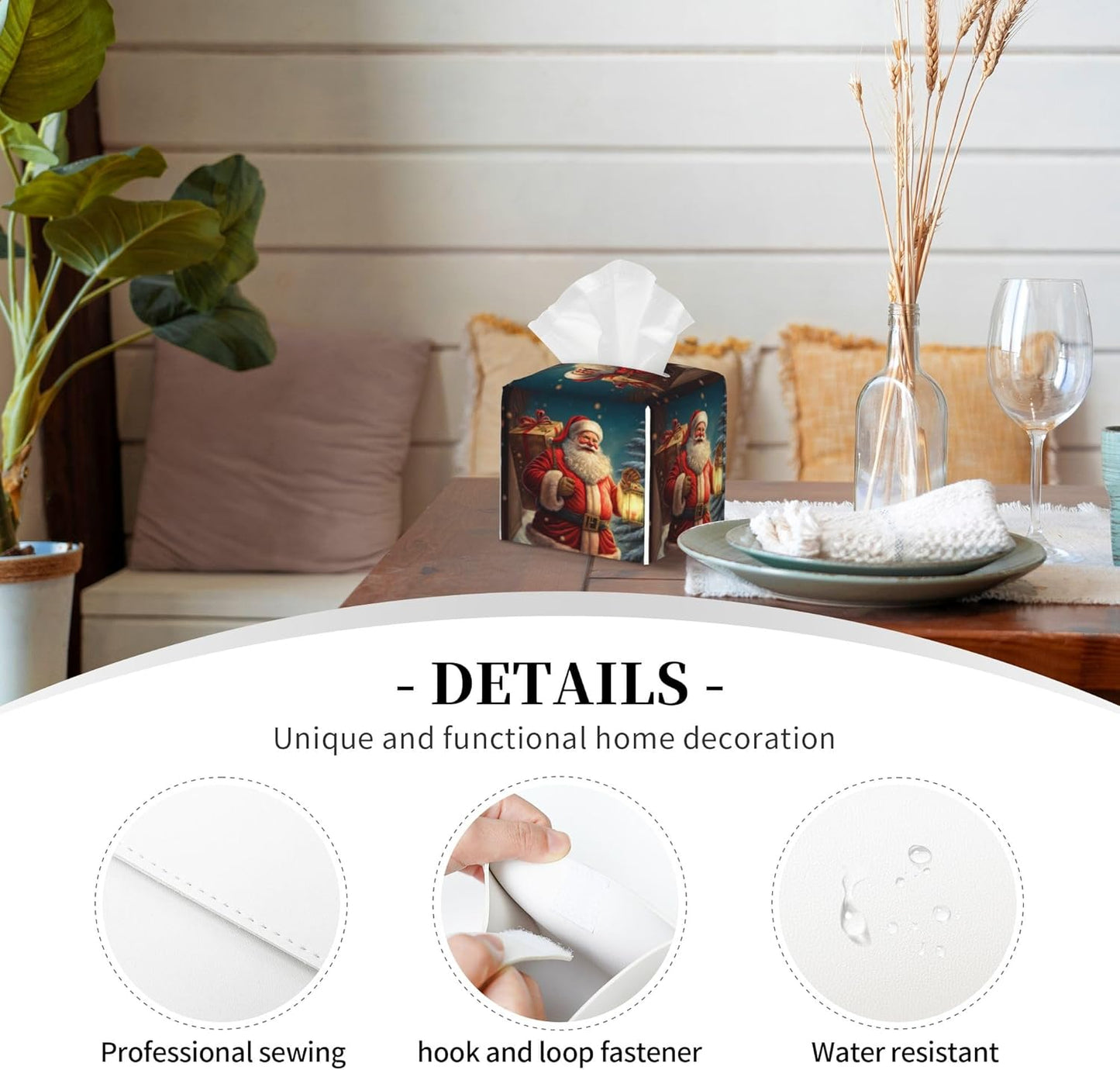 Christmas Santa Claus Tissue Box Cover Square,Merry Christmas Tissue Box Holder Waterproof Leather Facial Paper Organizer Dispenser for Bathroom Home Car Nightstand Vanity Desk