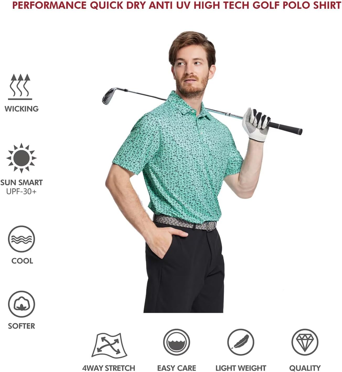 Golf Shirts for Men Dry Fit Short Sleeve Print Performance Moisture Wicking Polo Shirt