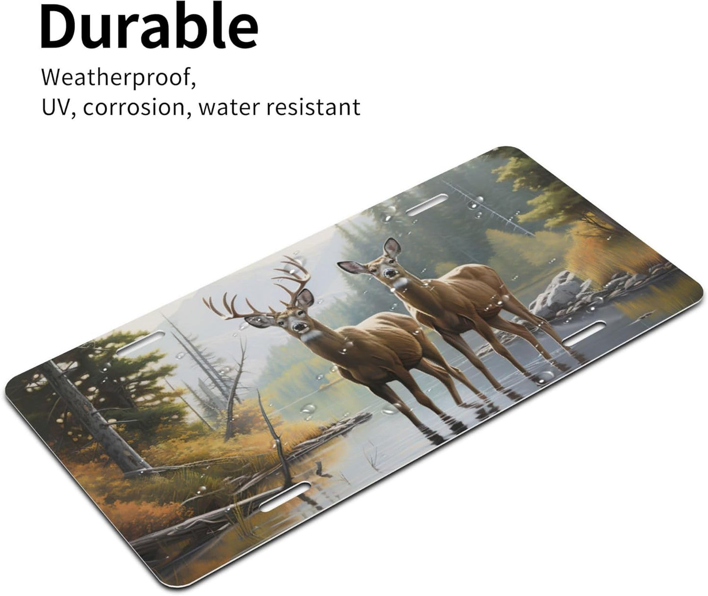 Front License Plate for Car Designs Forest Lake Animal Deer Stainless License Plate Cover Holder for Men Women Metal Aluminum Decorative Accessory Vanity Tag Standard 6 X 12 Inch (4 Holes)