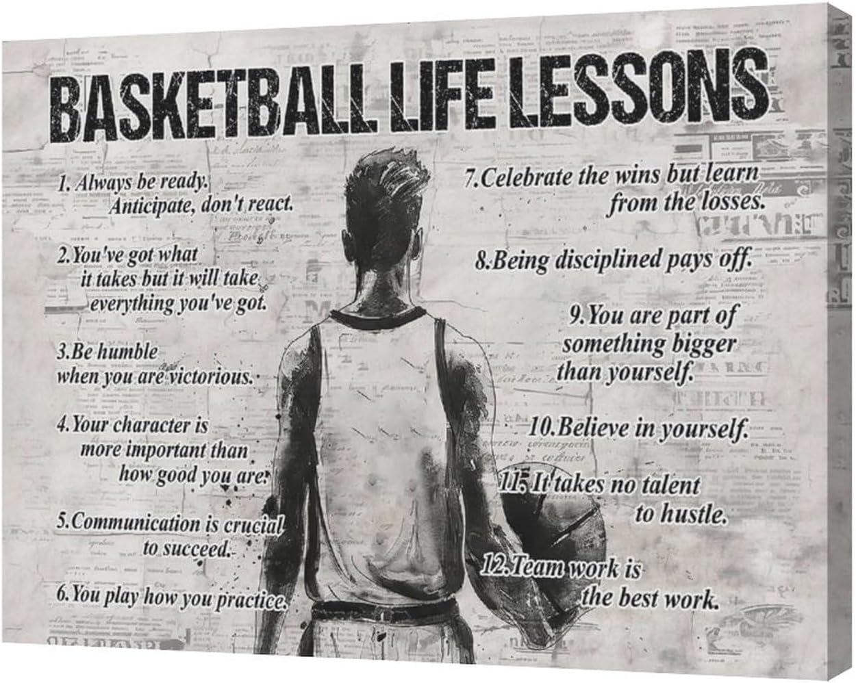 Basketball Sports Wall Art Basketball Life Lessons Wall Decor Basketball Sign Retro Poster Boy Men Room Motivational Decorations Canvas Print Painting Artwork for Bedroom Bathroom Living Room 20"x16"
