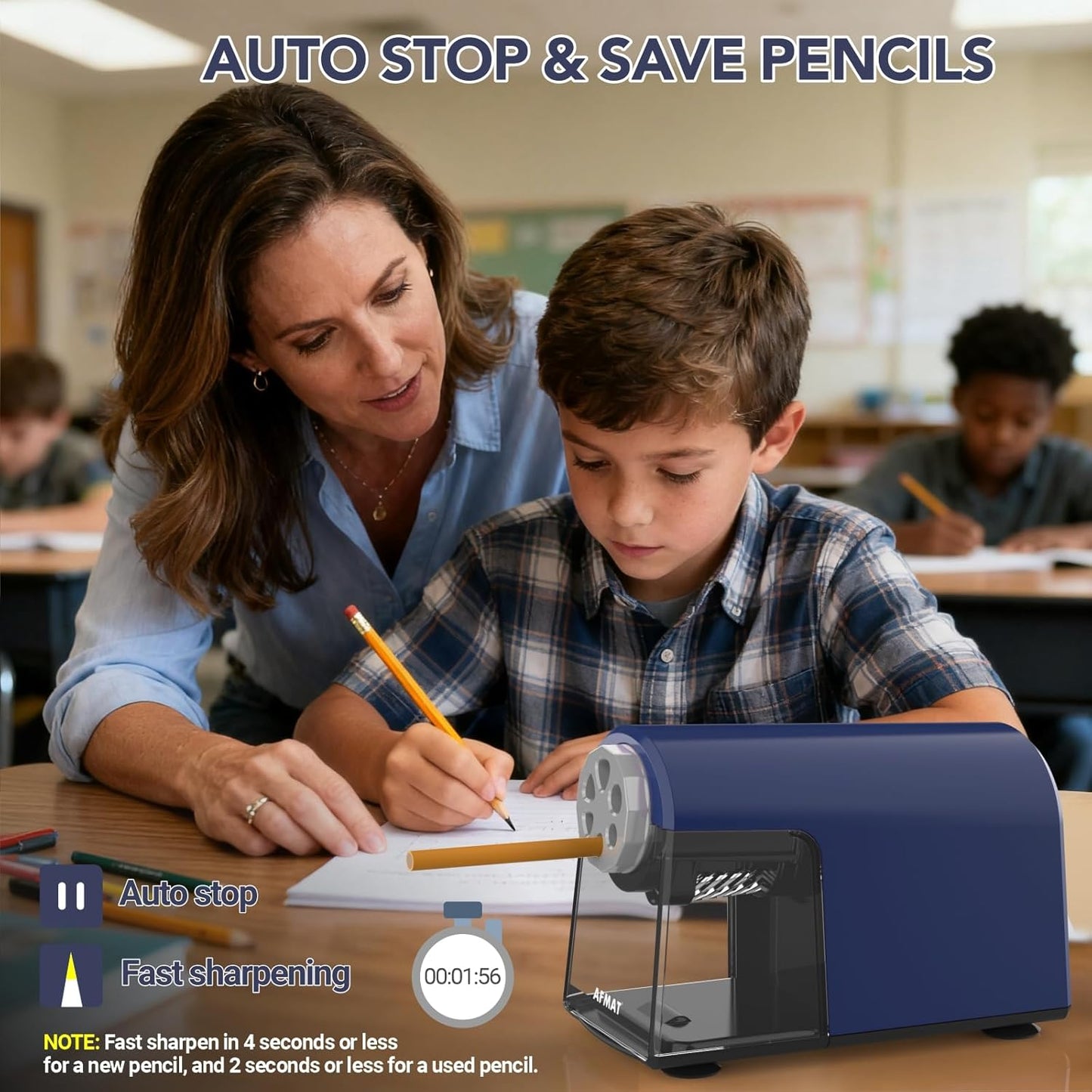 AFMAT PSD2 Electric Pencil Sharpener Heavy Duty, 6 Holes, Cordless & Rechargeable, Fast Sharpen, Auto Stop, 10K+ Uses, Classroom Pencil Sharpener for 6-11mm No.2/Large/Colored Pencils, Blue