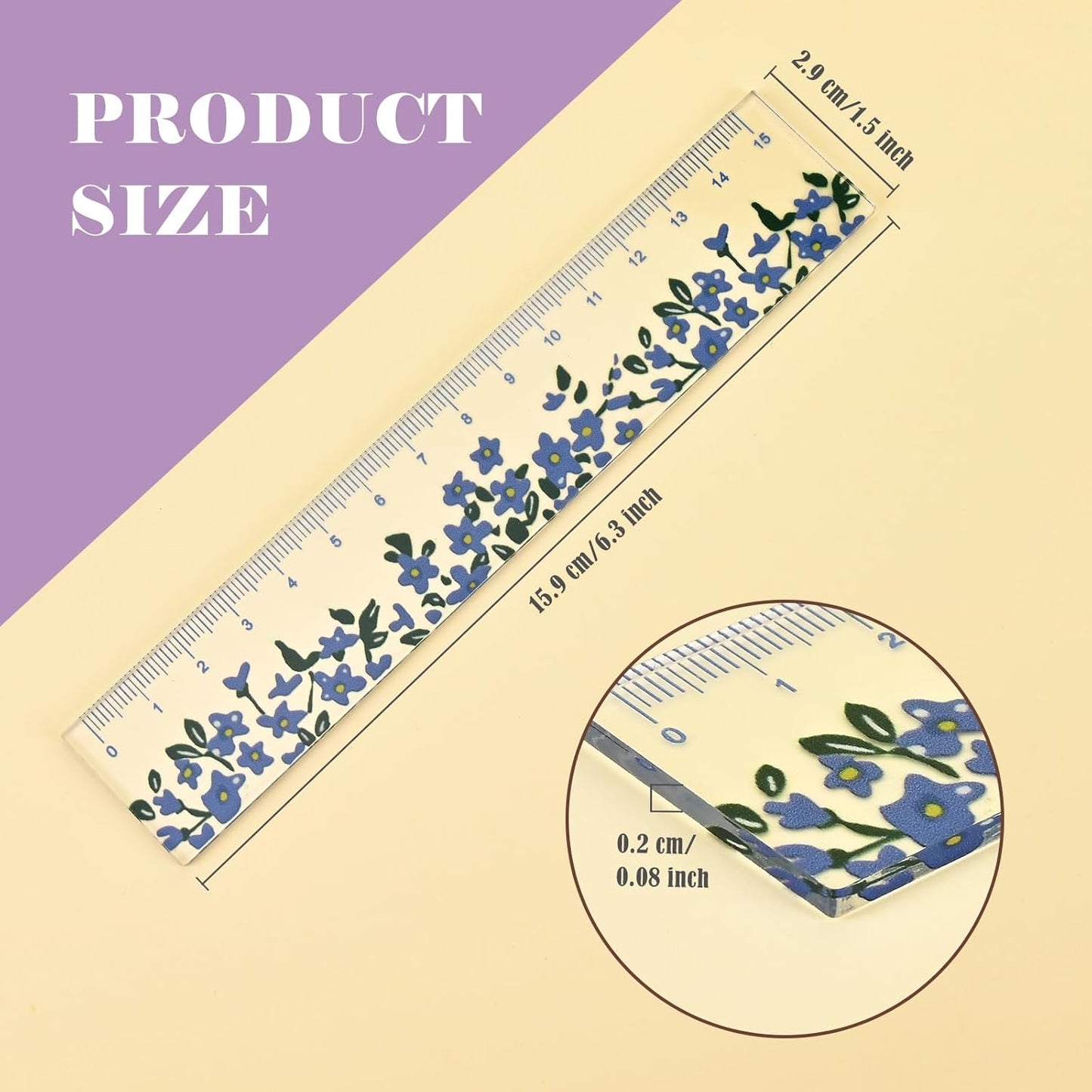 BAYTORY 4 Pcs Plastic Rulers 15 CM, Small Ruler, Measuring Drafting Tools, Acrylic Rulers with Centimeters for School Home Office (Flower)