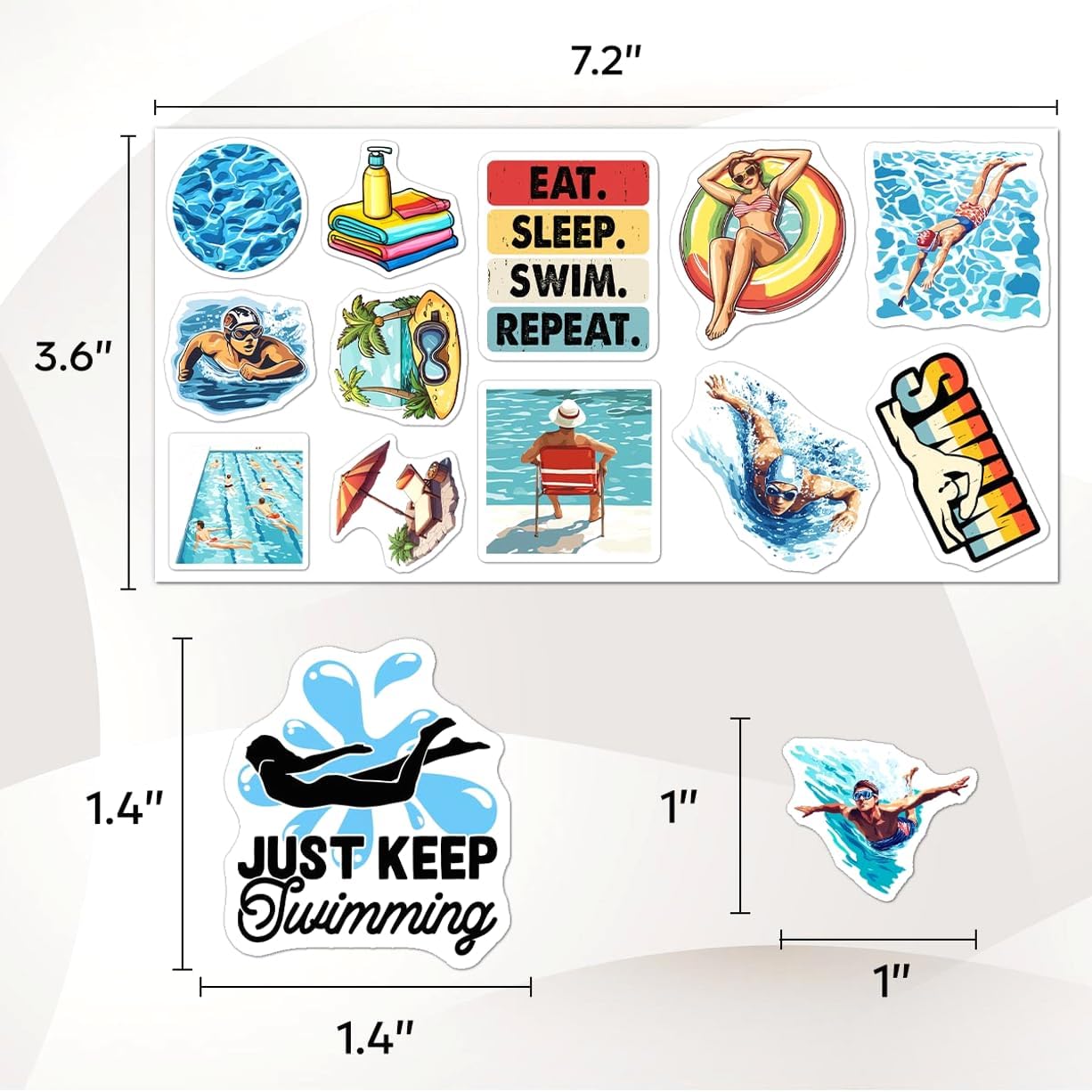108 PCS Swimming Stickers, Waterproof Vinyl Swim Stickers Pack for Water Bottles, Laptop, Scrapbook, Helmet, Cell Phone, Luggage, Swim Team Gift