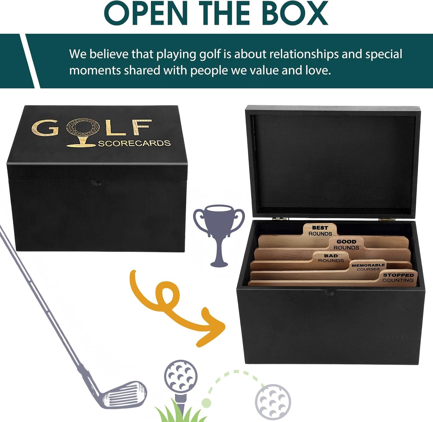 Golf Scorecard Collection Box, Golf Storage Box With 5 Wooden Dividers, Scorecard Keeper For Keepsakes Cards Club Storage Score Book Pencil Log, Unique Golf Gift (Black)
