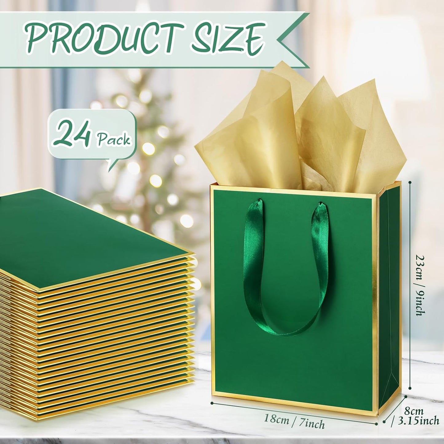 Yeaqee 24 Pack Metallic Paper Gift Bags with Handle and Tissue 9x7x3.1 Gold Foil Welcome Favor Bags Return Gifts for Wedding Fall 5 Senses Christmas Bridesmaid Birthday(Green Gold)