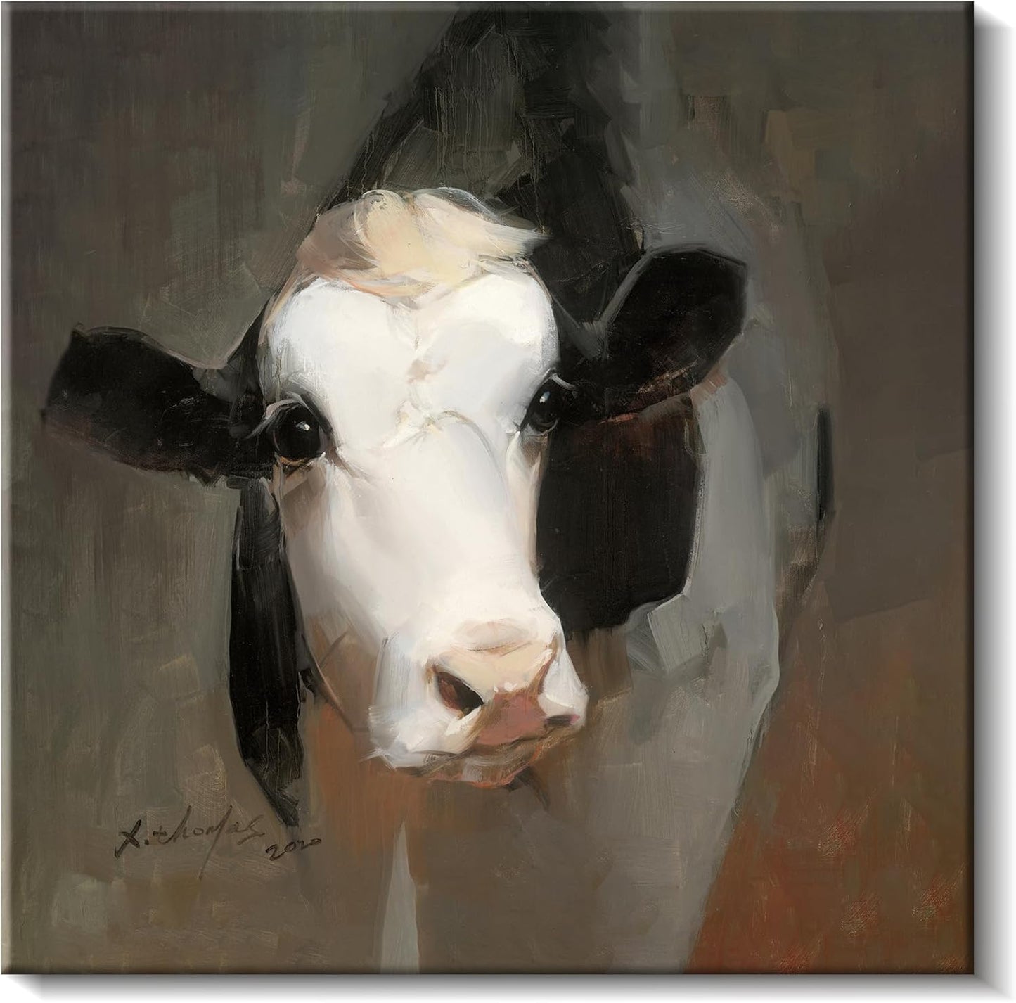 JZLDZS Farmhouse Cow Canvas Wall Art, Rustic Black & White Cow Painting Print, Country Decor for Kitchen Living Room Bathroom Bedroom, Gallery Wrapped 12x12 Inch Framed