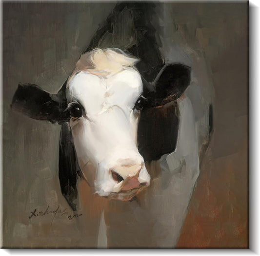 JZLDZS Farmhouse Cow Canvas Wall Art, Rustic Black & White Cow Painting Print, Country Decor for Kitchen Living Room Bathroom Bedroom, Gallery Wrapped 12x12 Inch Framed
