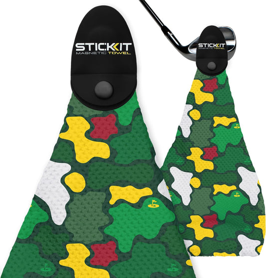 STICKIT Magnetic Golf Towel, Camo Augusta Green | Top-Tier Microfiber Golf Towel with Deep Waffle Pockets | Industrial Strength Magnet for Strong Hold to Golf Carts or Clubs | Golf Greens Camo