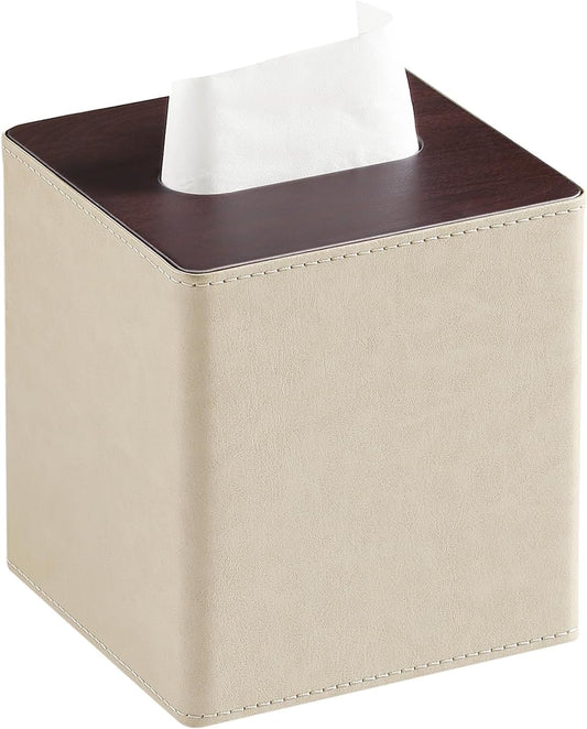 PU Leather Tissue Box Cover Square Tissue Box Holder with Magnetic Closure (Beige)