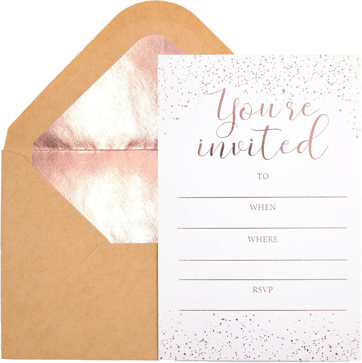 Invitation Cards - 50-Count 4" x 6" White Invitation Cards ‘’You Are Invited’’ in Rose Gold Foil with 52 Foil Kraft Envelopes – Invitation Cards For Wedding, Bridal Shower, Baby Shower, Birthday (50 Pack)