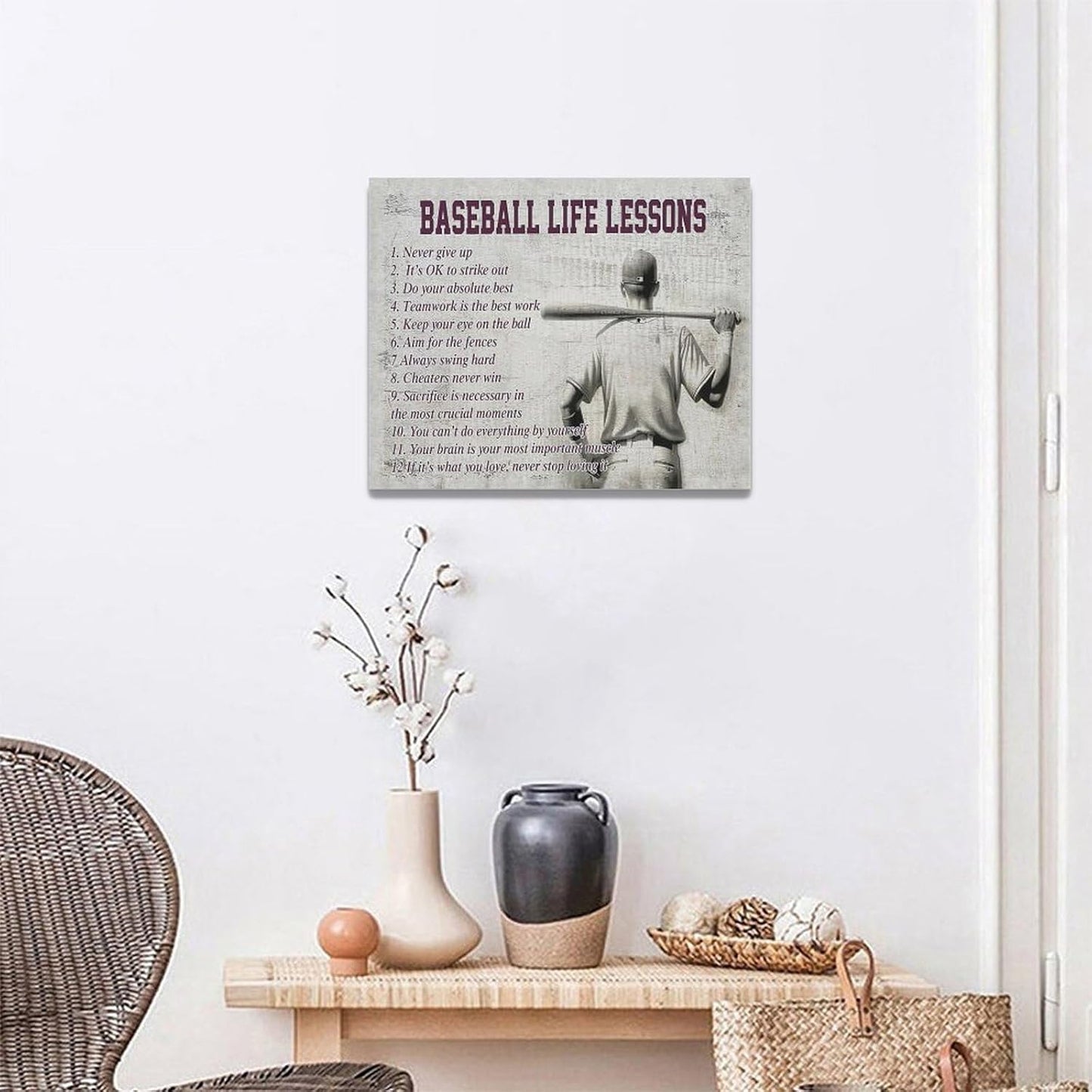 Baseball Life Lessons Wall Art - Sports Sign Retro Poster for Boy Men - Motivational Decorations Canvas Print Painting Artwork for Bedroom Bathroom Living Room Gym 20"x16"