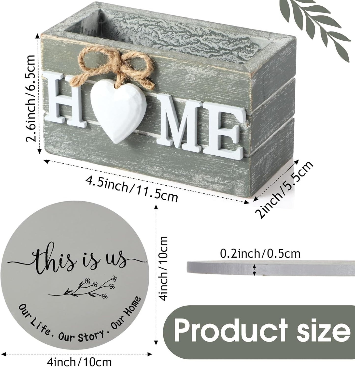 Queekay Housewarming Gifts for Home Decoration Wooden Heart Coasters for Drinks 6 Set Farmhouse Coasters with Holder Funny for Family Coffee Table Protection, 4''(Gray)