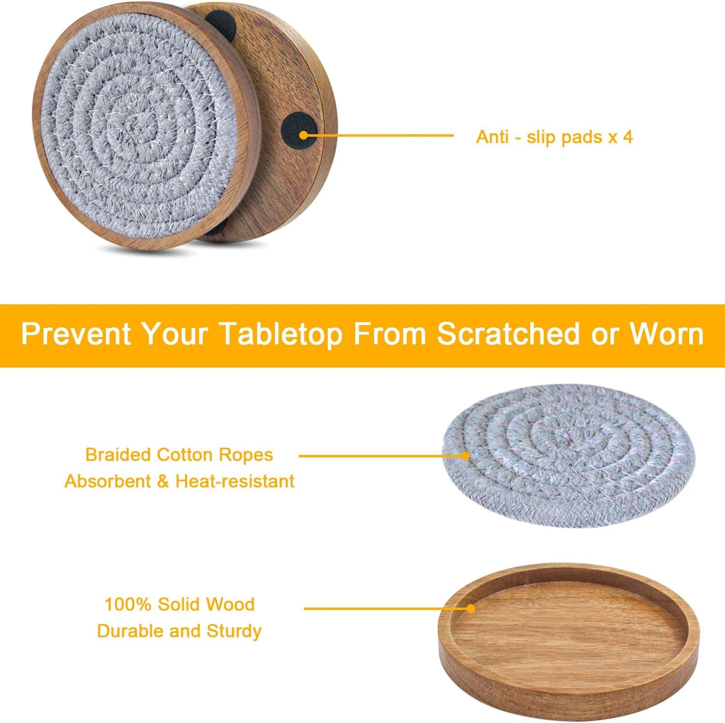 Drink Coasters Set of 5, Coasters for Drinks Absorbent, Wood Coasters for Coffee Table, Housewarming Gift for Farmhouse Home Decor,4 inches (Brown & Gray)