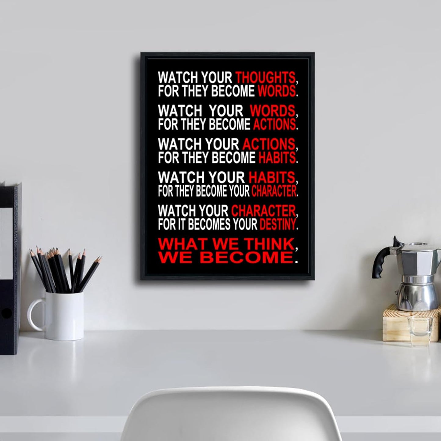 Pyradecor Black Framed Canvas Wall Art Inspirational Poster Office Positive Quotes Watch Your Thoughts Motivational Classroom Artwork for Living Room Home Decorations
