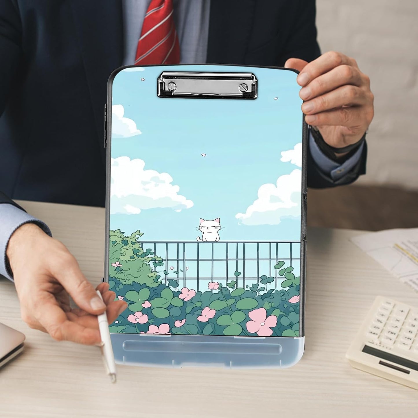 Clipboard with Storage - Large Capacity,Nursing Clipboard with Pen Holder,Heavy Duty,Plastic Side-Opening Folder for Teacher,Nurse - Cat Under Blue Sky