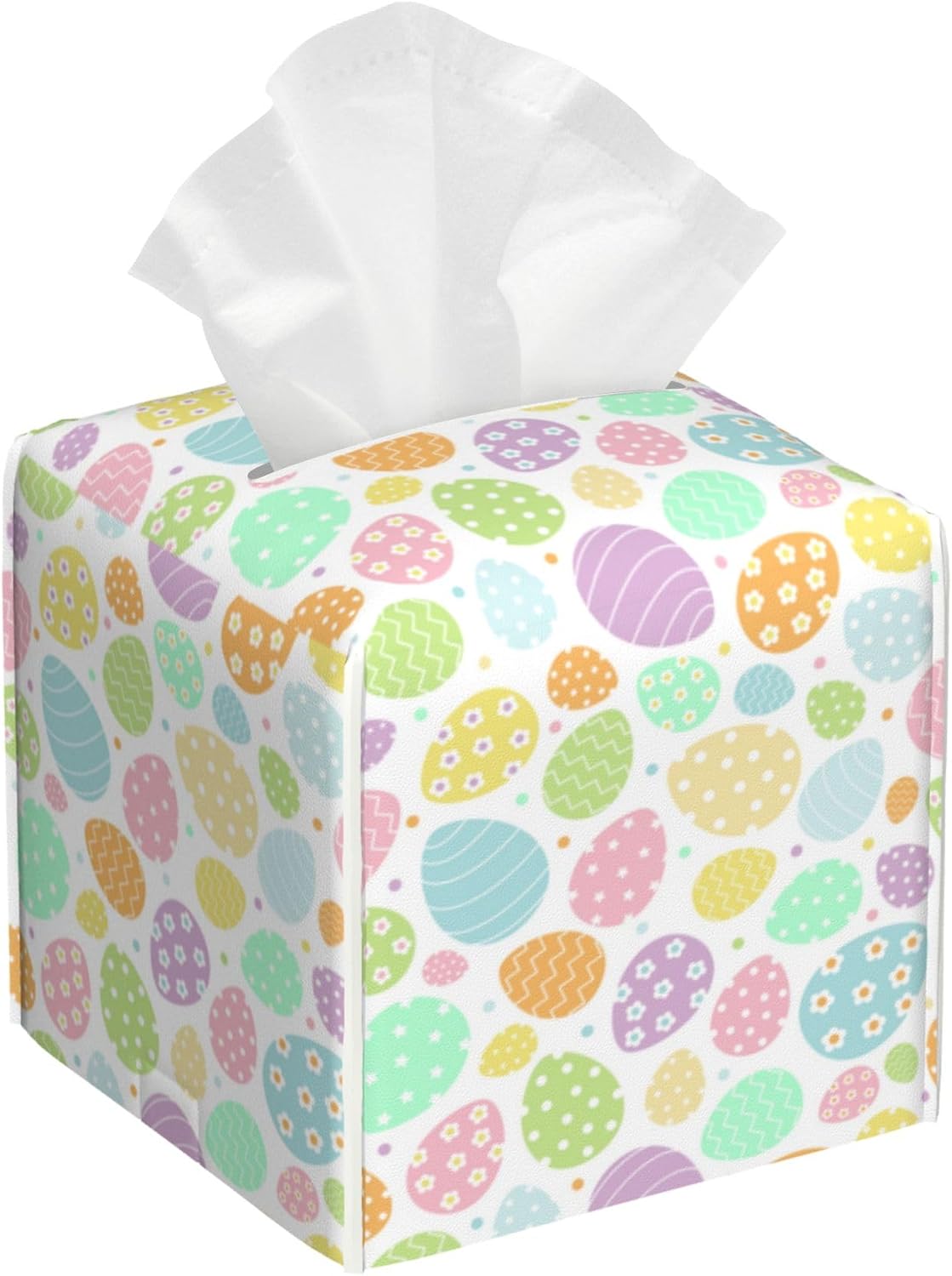 Tissue Box Cover Holder, Colored Easter Eggs PU Leather Square Tissue Box Cover Decorative Organizer for Bathroom Kitchen Bedroom Vanity Countertop Night Stands