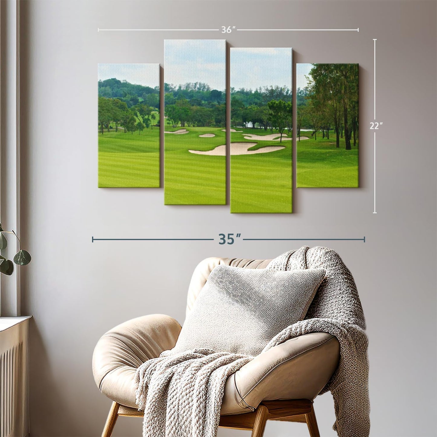 Elephant Stock Beautiful Golf Course Wall Art - Horizontal Canvas - 4-Piece Living Room Wall Decor - Tree Photography Canvas Print - Green and Blue Decor for Wall - 36" X 22"