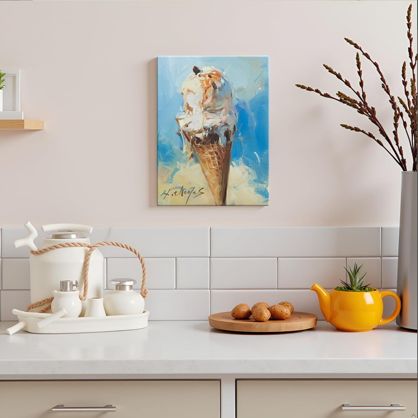 JZLDZS Ice Cream Sweet Treat Wall Art - 12x16 Inch Gallery Wrapped Canvas Painting for Kitchen, Dining & Dessert Lover Decor Ready to Hang