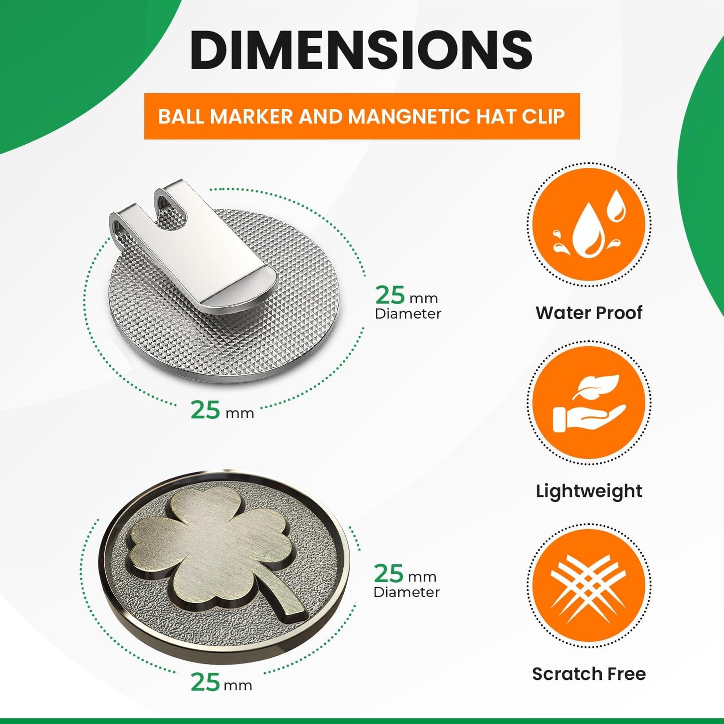 K9King Lucky 4 Leaf Clover Golf Ball Marker and Magnetic Golf Hat Clip | Putting Green Golf Accessories for Men and Women | Unique Shamrock Golf Balls Marker Gift | Ideal Gift Ideas