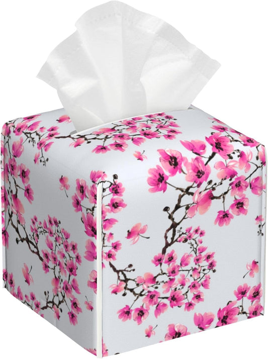Cherry Blossom Flowers Tissue Box Cover Square, Tissue Box Holder Leather Facial Paper Case Decorative Organizer Holder Dispenser Home Office Car Decor