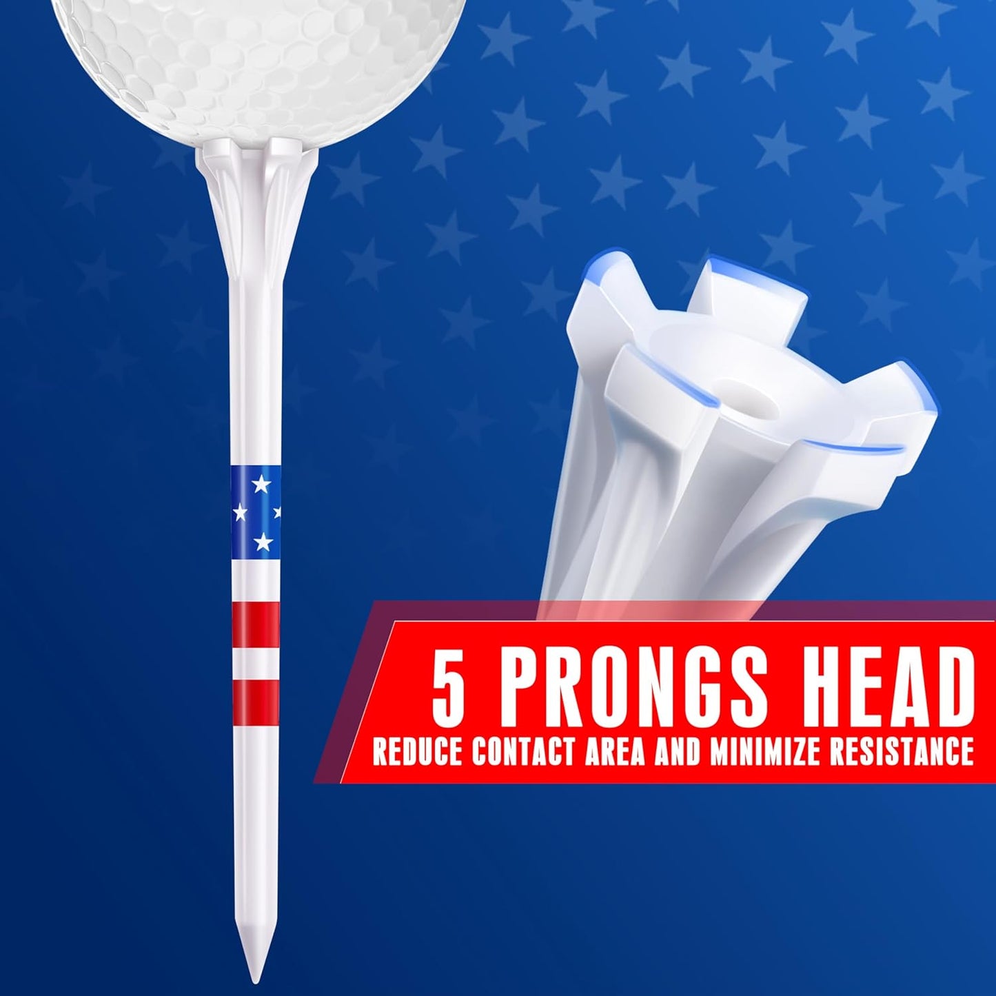 CHAMPKEY 5-Prong Plastic Golf Tees 120 Pack - Star and Stripe Marking System Golf Plastic Tees - Includes 100 Pcs 3-1/4" and 20 Pcs 1-1/2" Plastic GLF Tees
