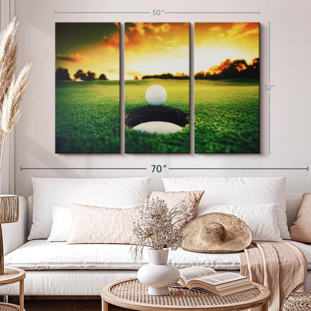 ElephantStock Golf Ball Wall Art - Horizontal Canvas - 3-Piece Living Room Wall Decor - Photography Sports Canvas Print - Orange and Yellow Decor for Wall - 50" X 32"