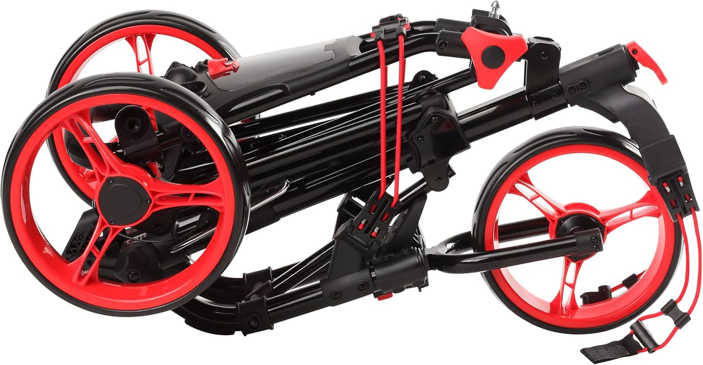 Golf Push Cart 3 Wheel with Foot Brake – 1-Second Fold/Unfold, Adjustable Handle, Umbrella Holder, Beverage Compartment & Storage | Lightweight Aircraft-Grade Aluminum Frame