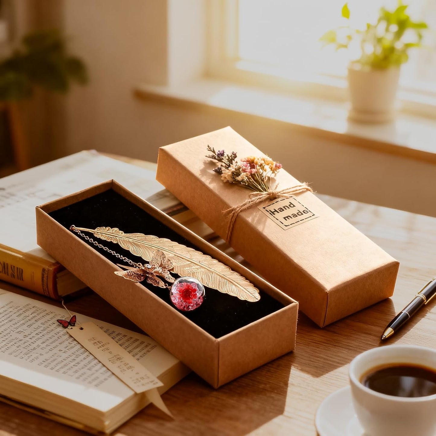 Metal Feather Bookmark with Butterfly Charm – Christmas Gifts for Women, Teachers & Book Lovers – Stocking Stuffers, Secret Santa, Birthday & Holiday Gift Box