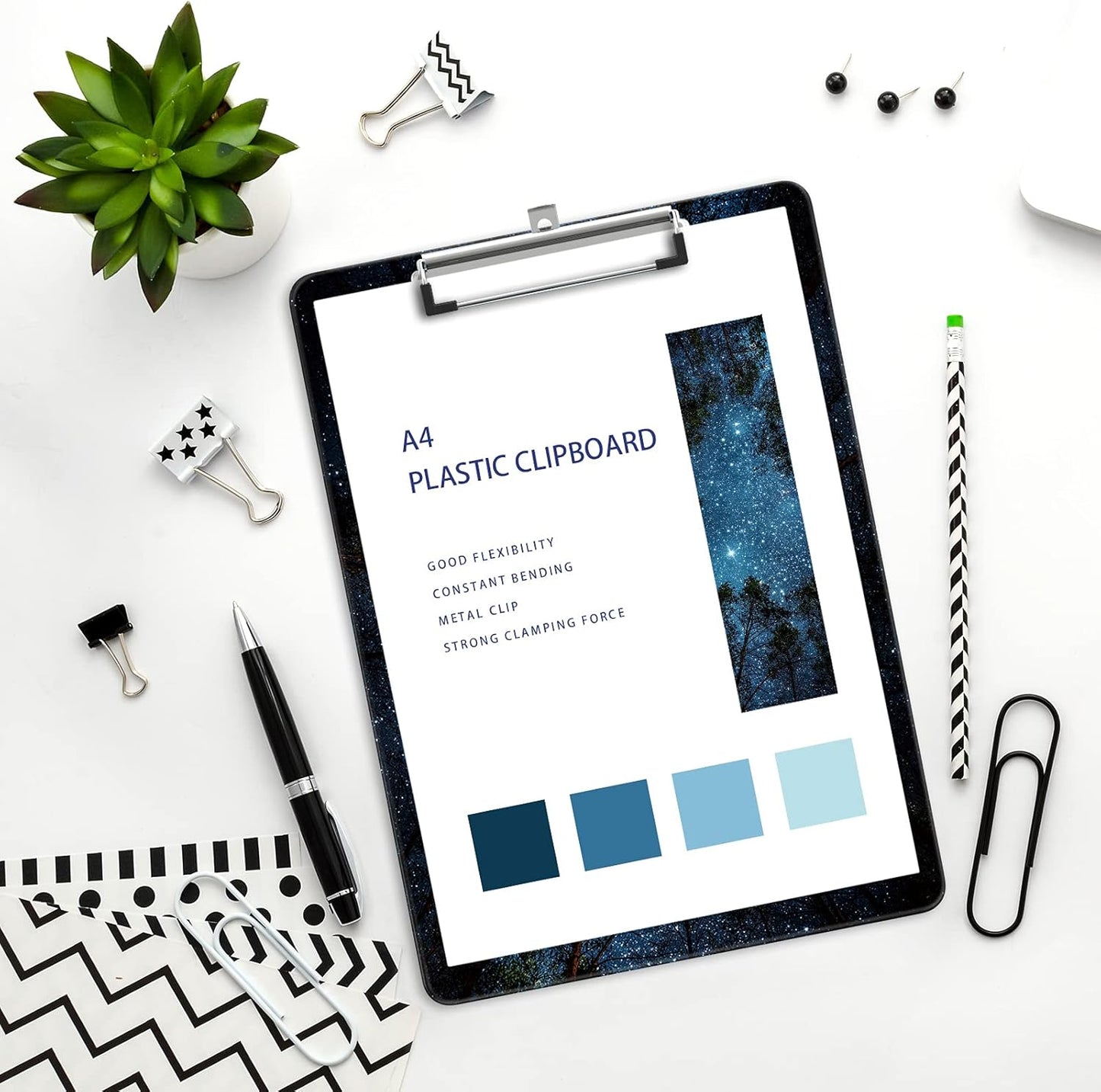 Plastic A4 Clipboards, Cute Clip Board Stardard Letter Size 9 x 12.5 in, Office Decorative for Students Women Men and Kids, Night Sky