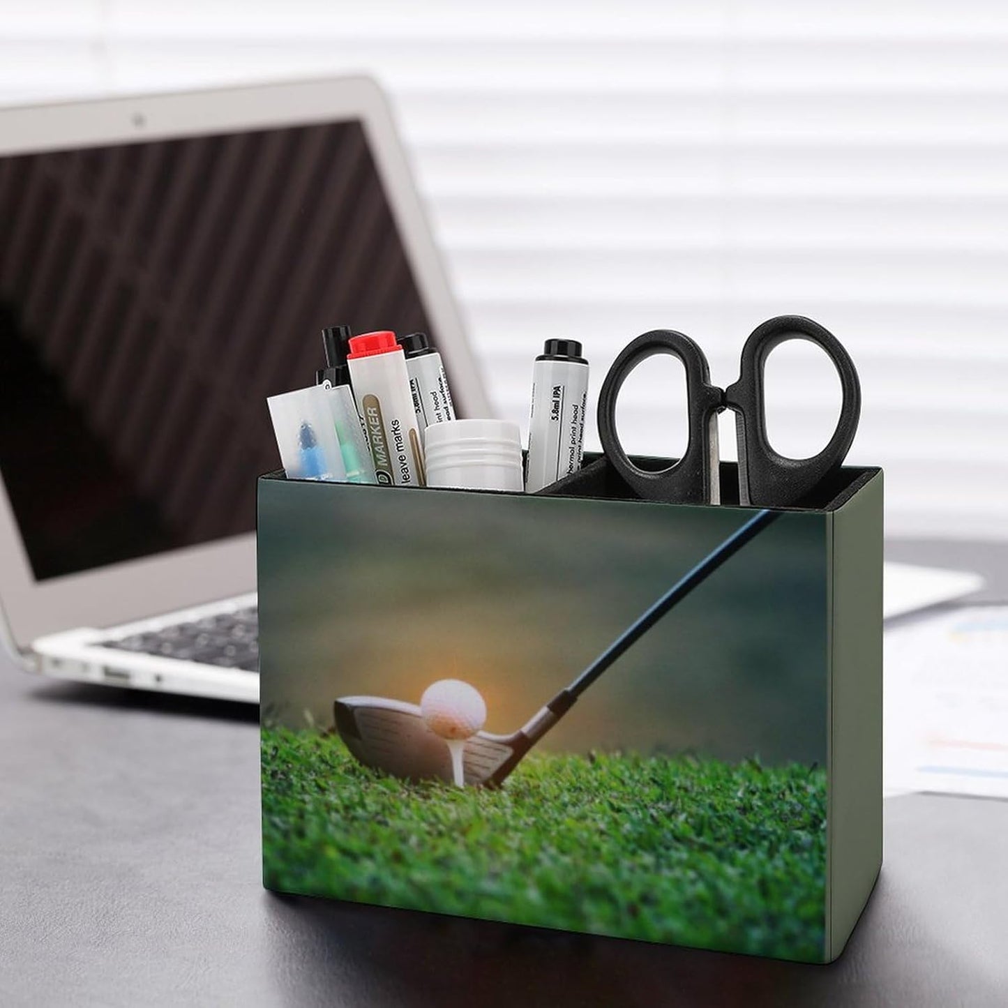 Pen Holder, Pencil Holder for Desk Organizer, Golf Theme Sport Ball PU Leather Pencil Cups Desktop Stationery Storage Makeup Brush Holder Pen Organizer for Office Home
