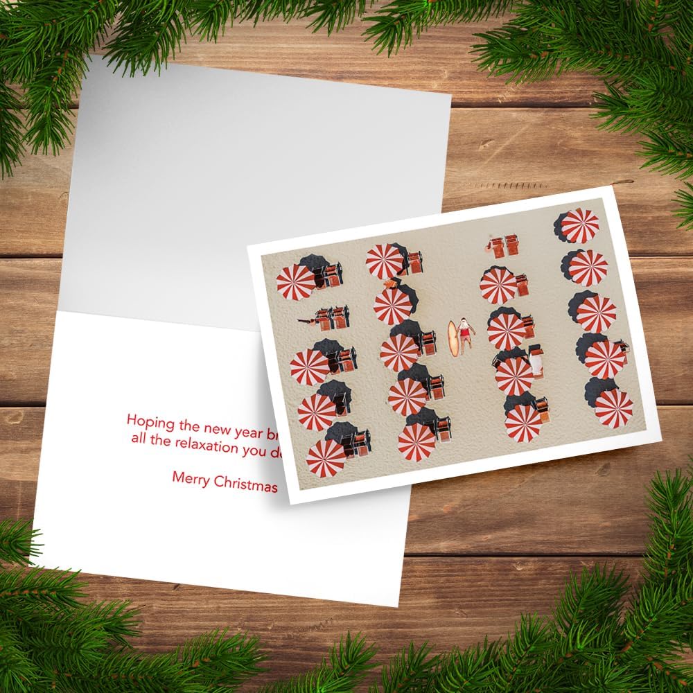 Photographic Christmas Cards, Santa Claus Relaxing at the Beach (6 Cards with White Envelopes)