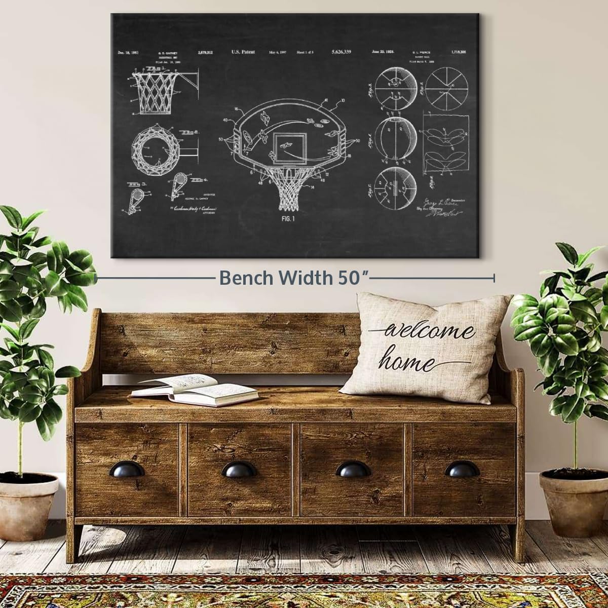 ElephantStock Basketball Patents Canvas - 1 Panel Sports Patent Wall Art Decor - Sports Decorations for Boys Room - Wall Art and Office Decor - 45" X 30"