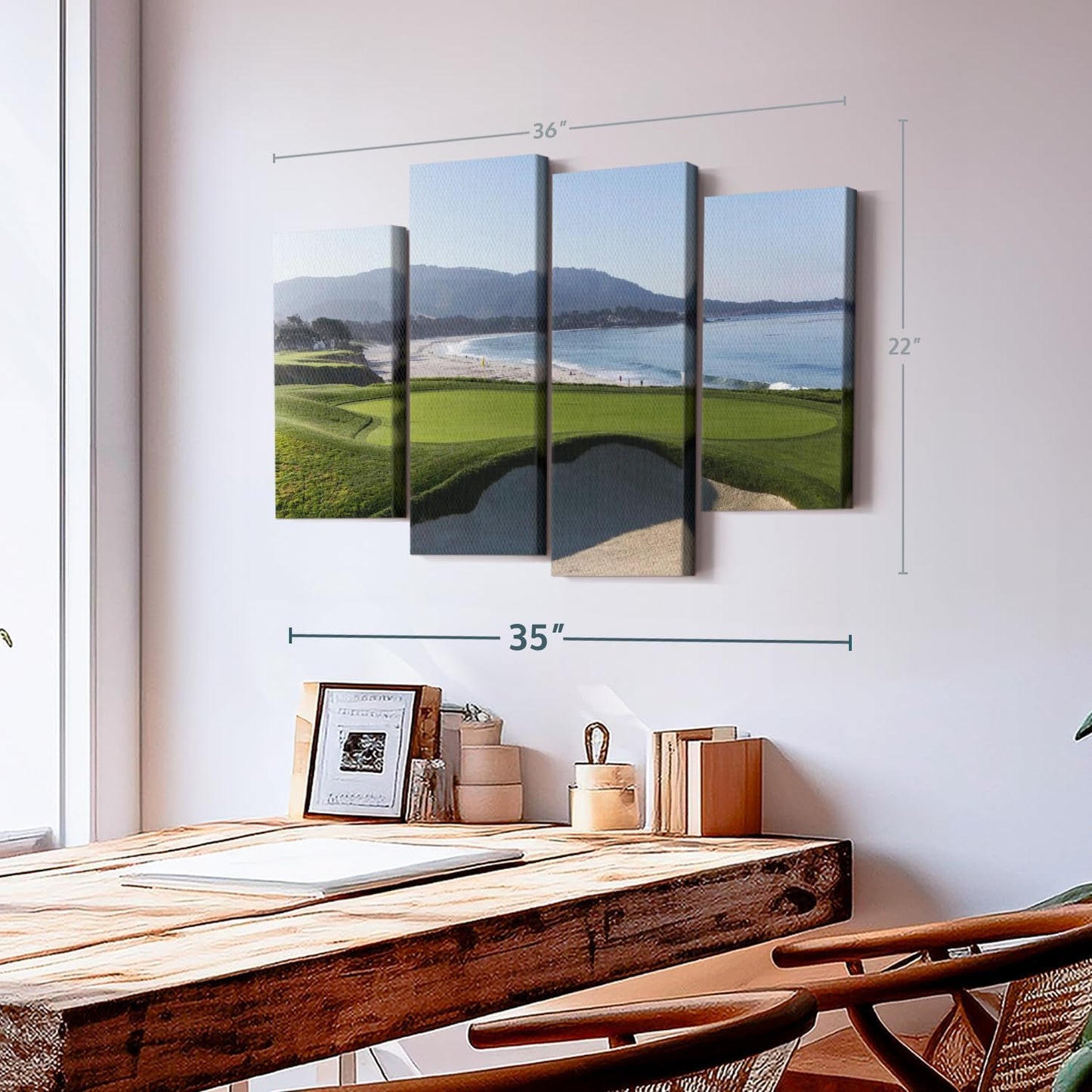 Elephant Stock Monterey CA Golf Course Wall Art - Horizontal Canvas - 4-Piece Living Room Wall Decor - Photography Sports Canvas Print - Blue and Green Decor for Wall - 36" X 22"