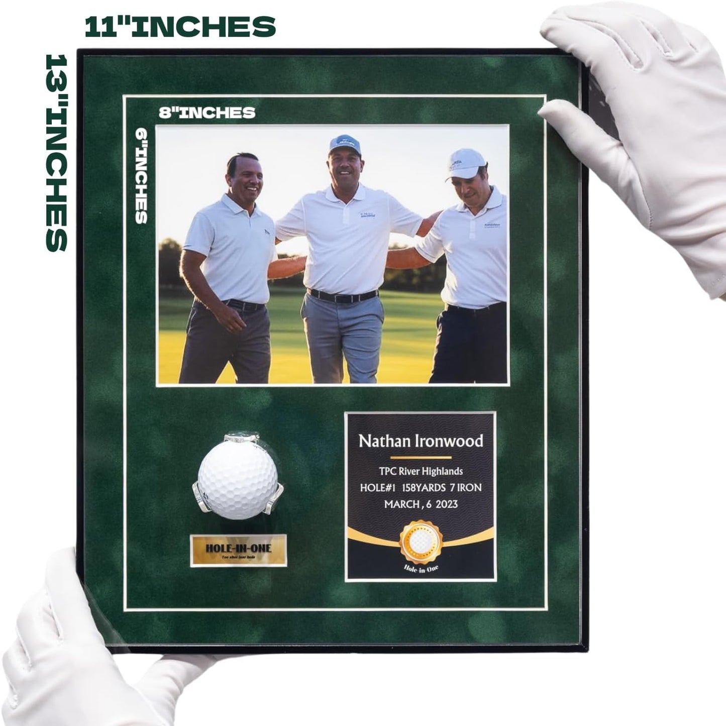 One-Shot Victory Golf Ball Display Frame – Acrylic Case with External Ball Mount, Custom Photo & Nameplate, Green Suede Mat, Elegant Golf Keepsake Gift（vertical design）