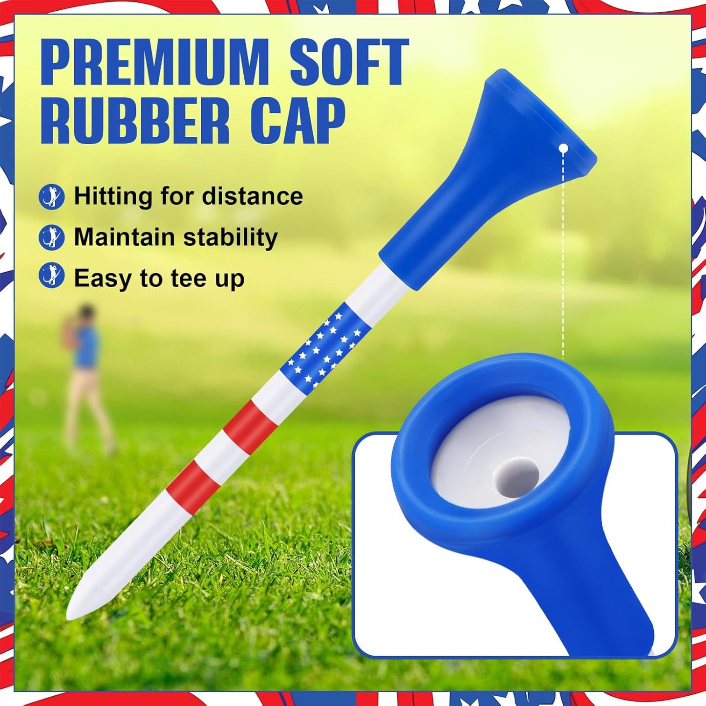 Realspring Plastic Golf Tees Bulk 3 1/4" Unbreakable American Flag Long Golf Tees with Reduce Side Spin and Friction for Men