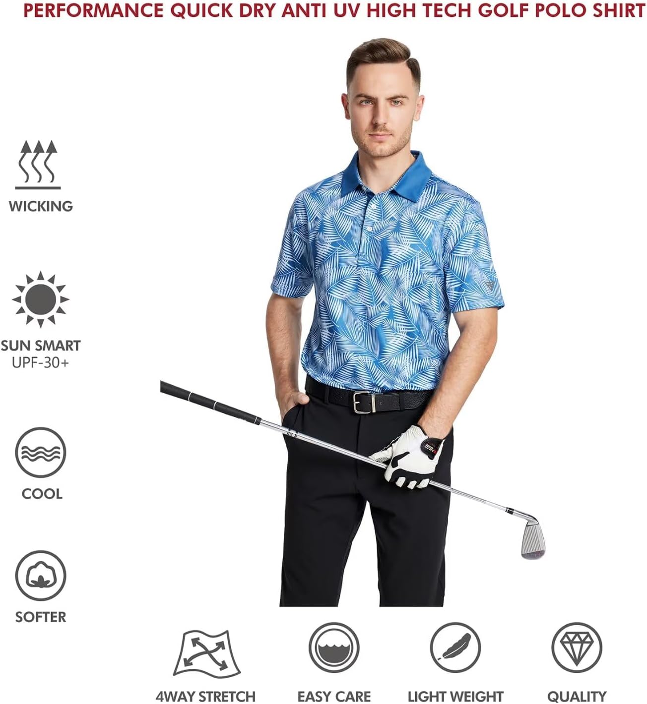 Golf Shirts for Men Dry Fit Short Sleeve Print Performance Moisture Wicking Polo Shirt