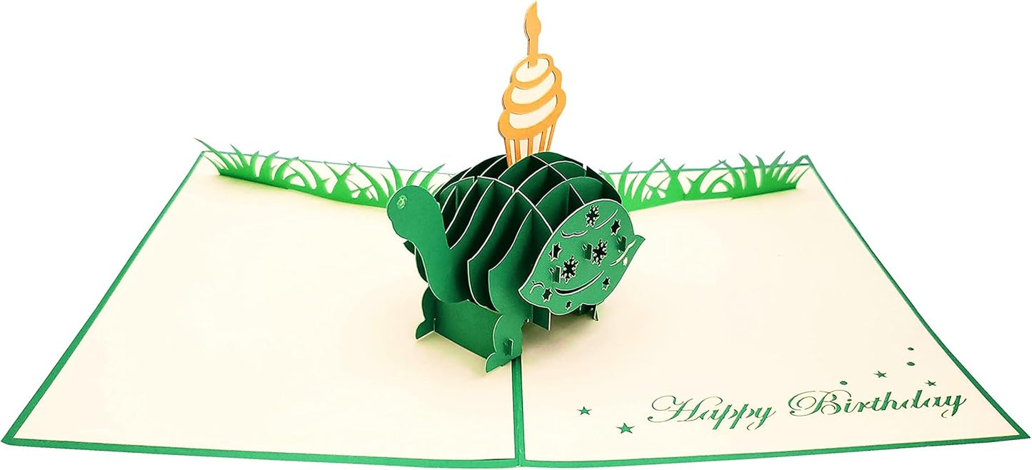 iGifts And Cards Funny Birthday Turtle 3D Pop Up Card – Belated Tortoise With Cupcake, Animal-Themed Greeting, Cute Cake and Candle Surprise, Unique Celebration for Late Birthdays, 5" x 7"