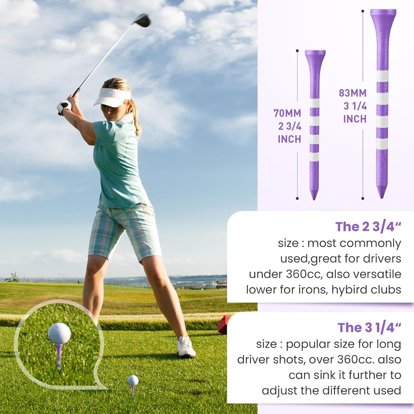 FINGER TEN Golf Tees Wood 3 1/4 2 3/4 Inch Wooden Bamboo 50/120 Count, Durable Biodegradable Colored Bulk Tee 70mm 83mm