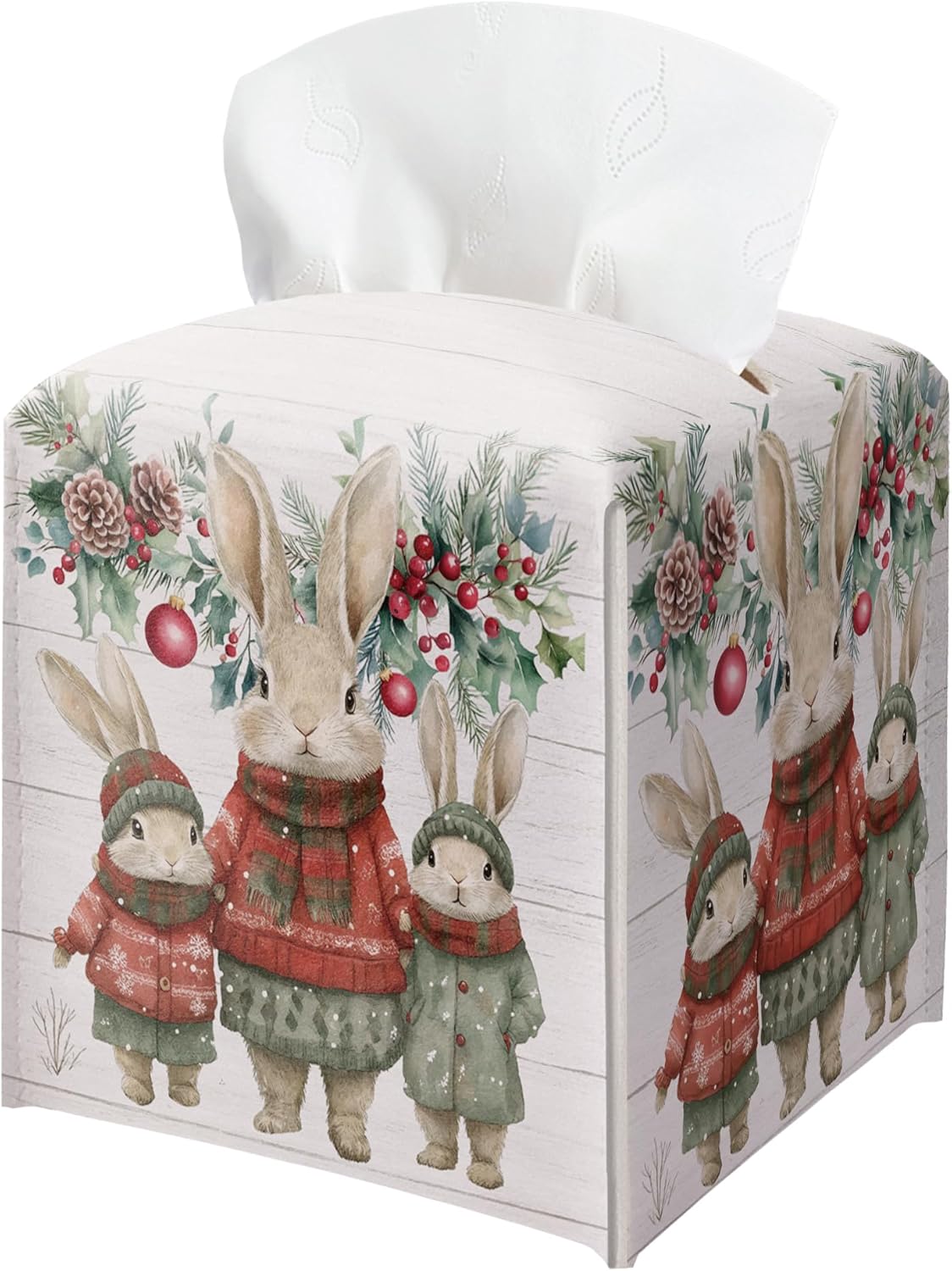 Christmas Tissue Box Holder, Christmas Bunny Leather Tissue Box Cover Square with Bottom Belt, Paper Facial Decorative Tissues Cover for Night Stands Bathroom Office Home Decor-B15