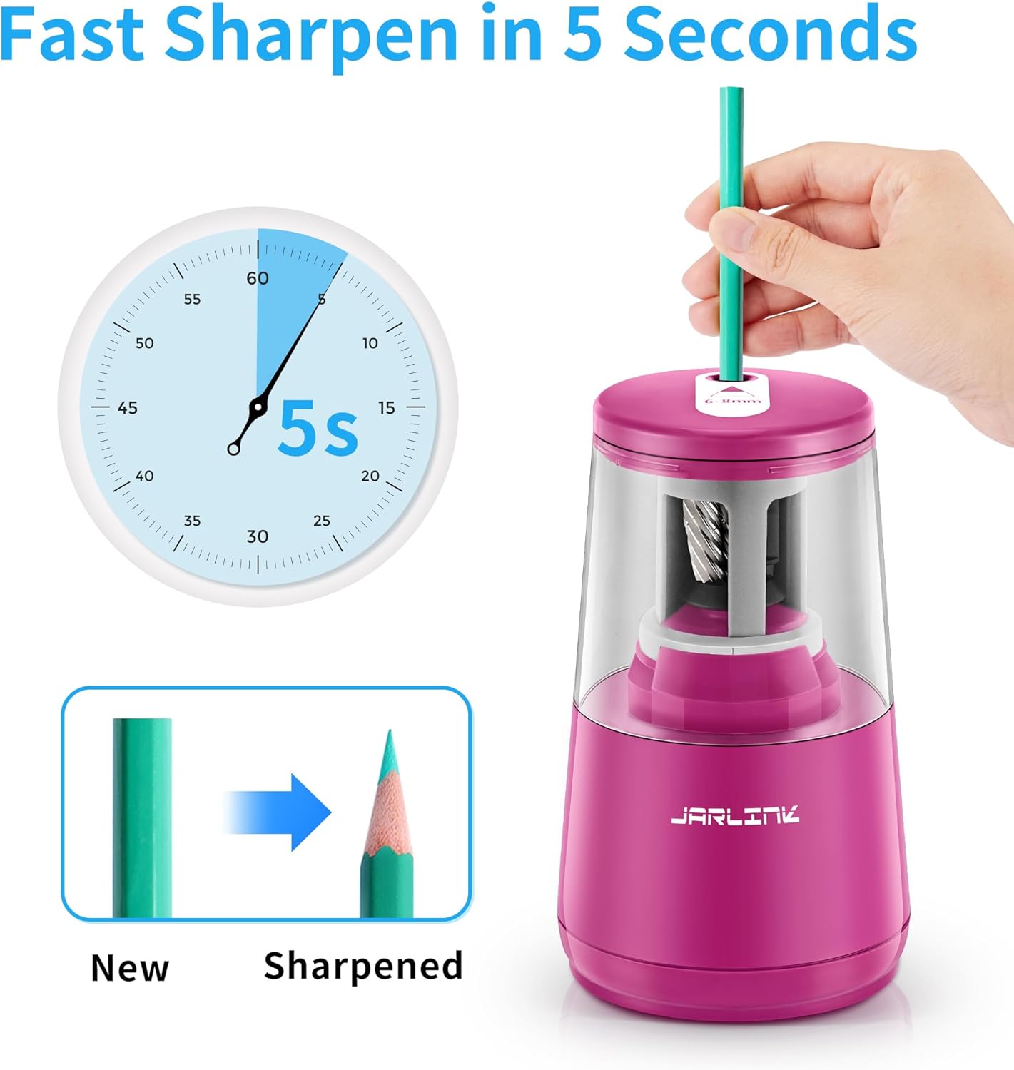 JARLINK Electric Pencil Sharpener, Heavy-Duty Helical Blade to Fast Sharpen, Auto Stop for No.2/Colored Pencils(6-8mm), AC Adapter/Battery Operated in School Classroom/Office/Home (Purple)