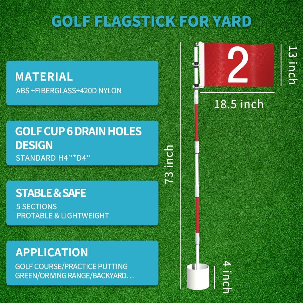 THIODOON Golf Flagstick 6ft Golf Flag and Cup for Yard Pro Detachable Golf Hole Cup and Flag for Driving Range Backyard Upgrade Anti-Rust Glass Fiber 5-Section Design with Connectors (Premium Flagstick Set -2 Pack)
