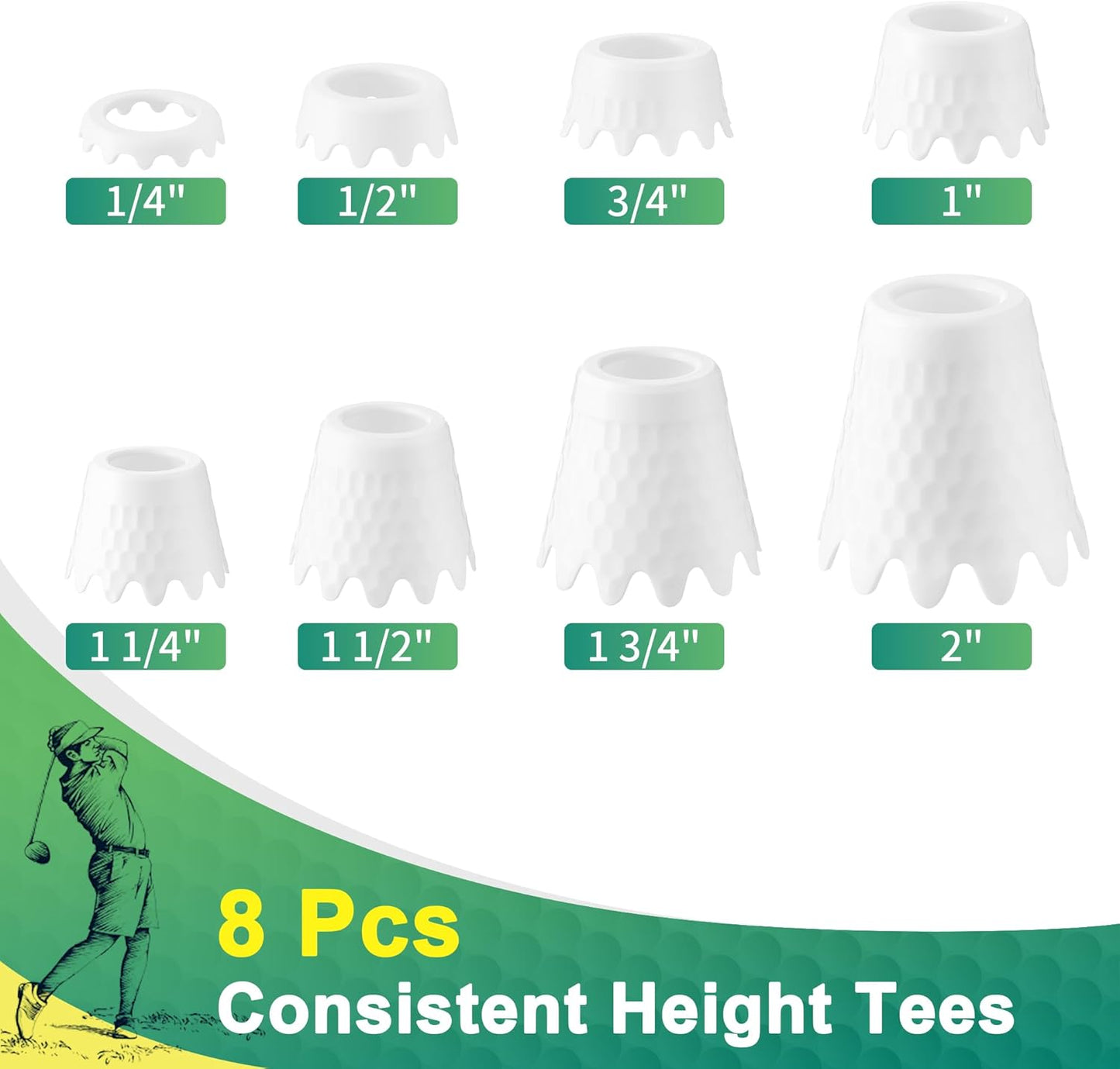 8 Pack ‌Simulator Golf Tees, TPU Unbreakable Material, Height from 1/4" to 2", Suitable for Indoor, Outdoor, Winter, Golf Mats, Turf and Driving Range
