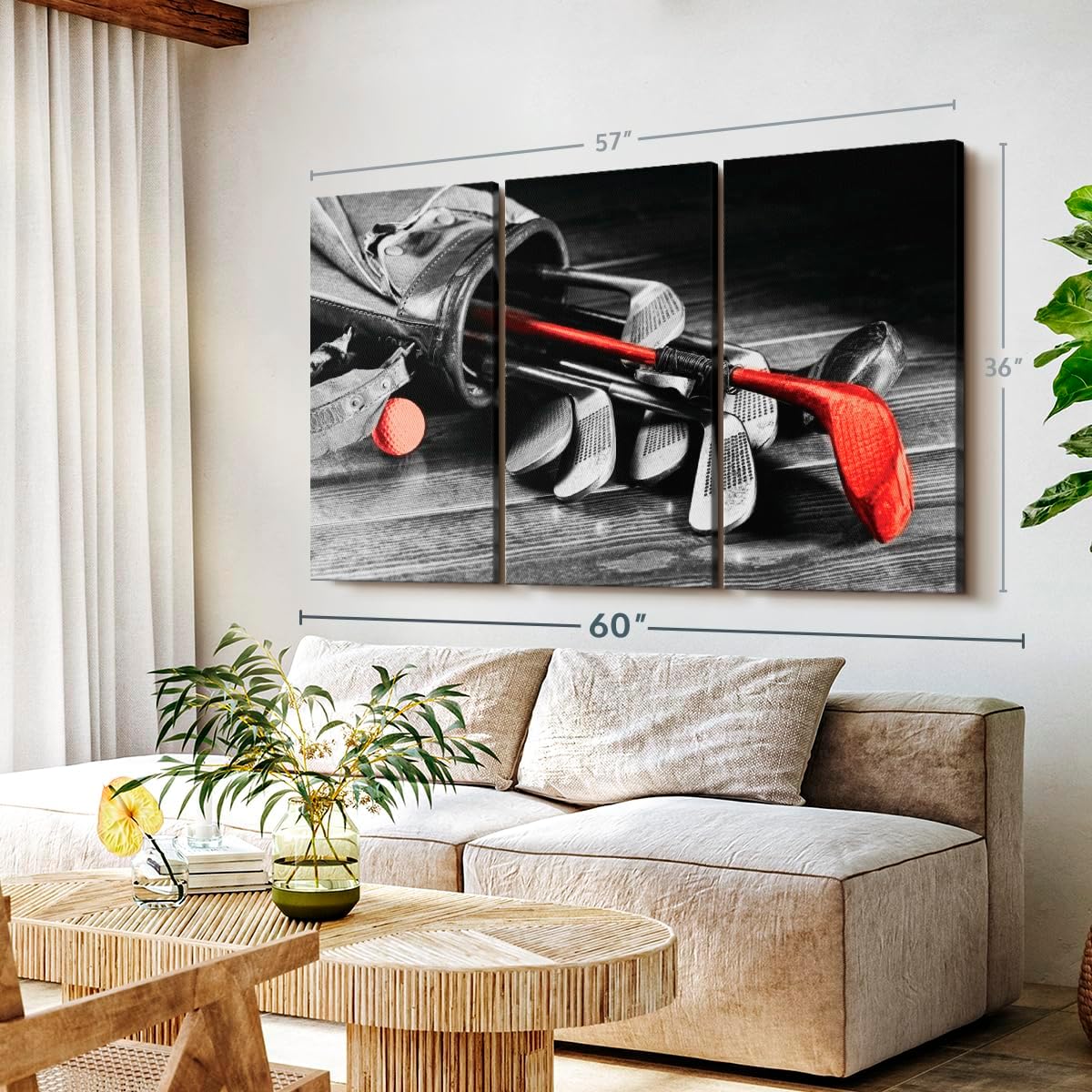 ElephantStock Golf Equipment Pop Wall Art - Horizontal Canvas - 3-Piece Living Room Wall Decor - Photography Sports Canvas Print - Black and Gray Decor for Wall - 57" X 36"