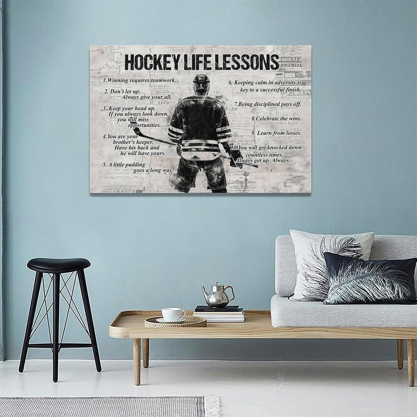 Vintage Hockey Sports Wall Art Life Lessons Sign Retro Poster for Boy Men Room Motivational Decorations Canvas Print Painting Artwork for Bedroom Bathroom Living Room 24"x16"