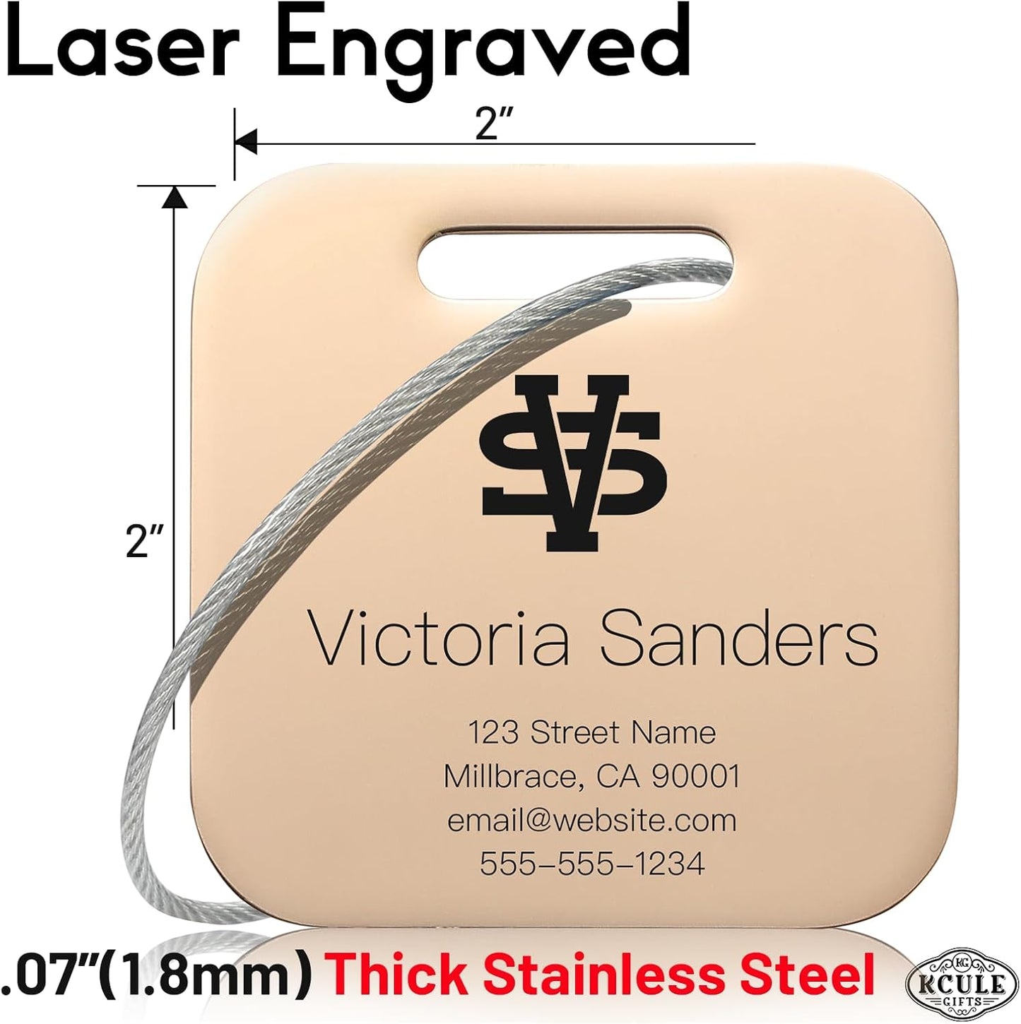 Personalized Luggage Tags for Suitcases - Stainless Steel Custom Luggage Tags for Backpacks & Bags, Sturdy, Waterproof & Heavy Duty (Rose Gold/Square)