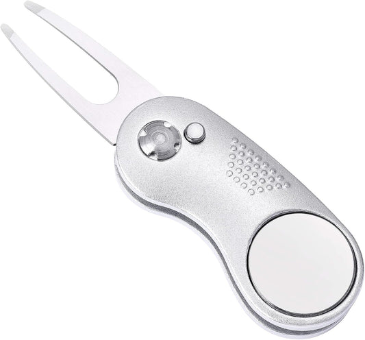 Mile High Life Golf Divot Repair Tool, All Metal Foldable Divot Tool with Pop-up Button & Magnetic Ball Marker