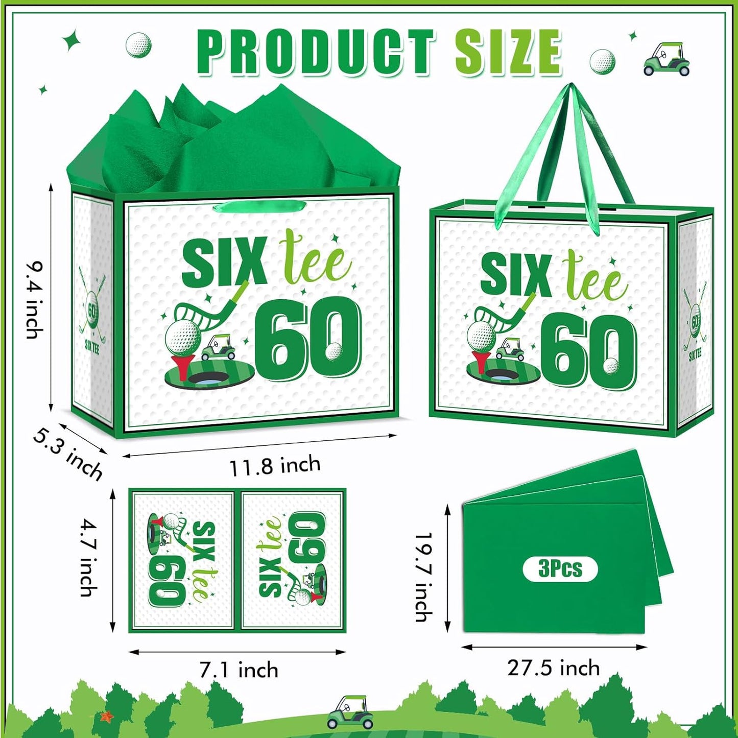 Quirkistry Golf 60th Birthday Gift Bag for Men Golf Happy Sixty Birthday Party Gifts bag with Tissue Paper Greeting Card Six-Tee Bday Gift Wrapping Bag for Sports Themed Party Decorations Supplies