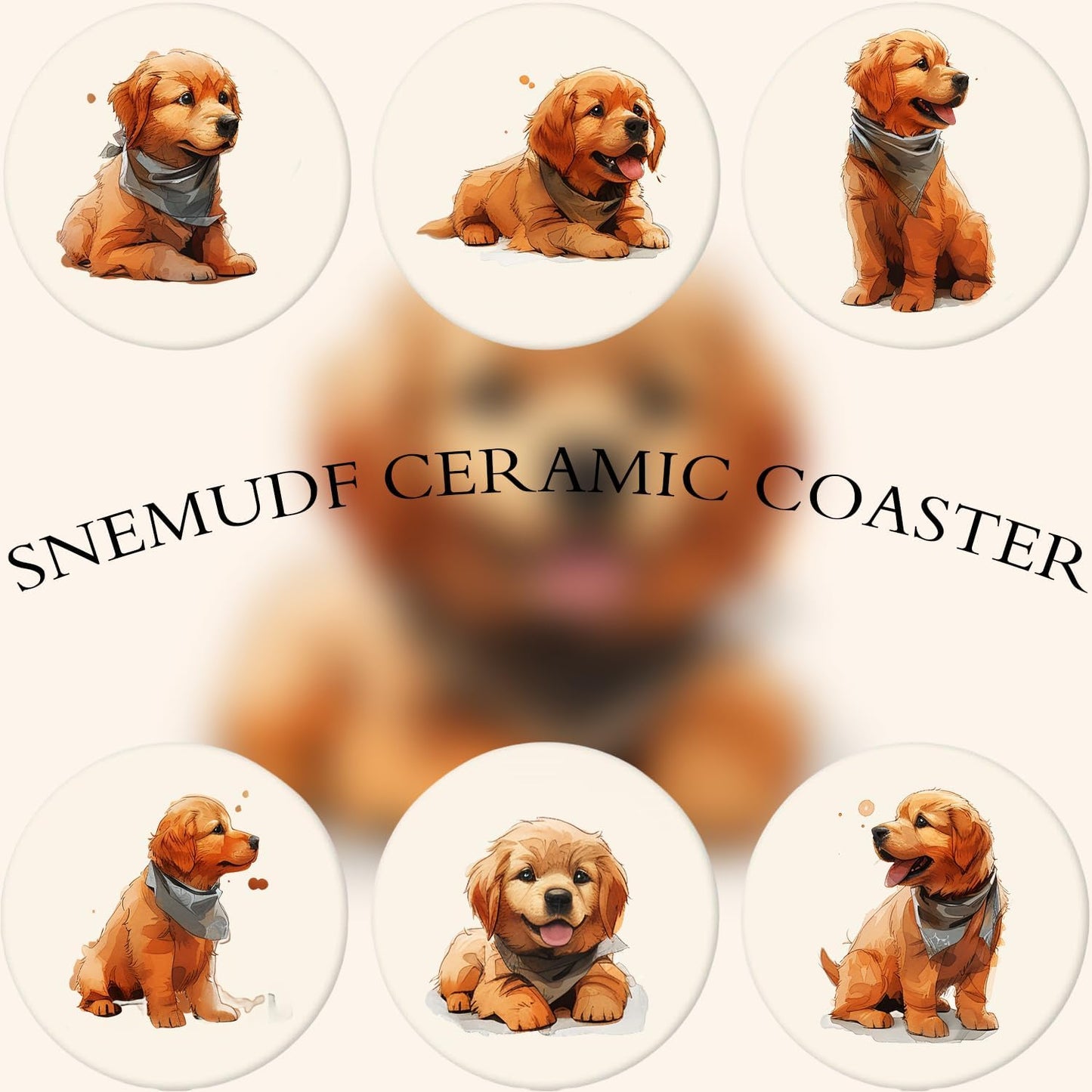 Boho Set of 6 Coasters for Drinks Absorbing Round Ceramic Stone Coaster with Cork Base,Tabletop Protection Mat for Mugs and Cups,Office,Kitchen (Golden Retriever Puppy)